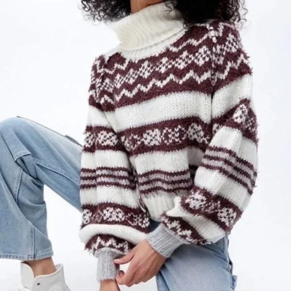 Free People Check Me Out Cowl Neck Sweater Cream Brown Southwestern Large NWT